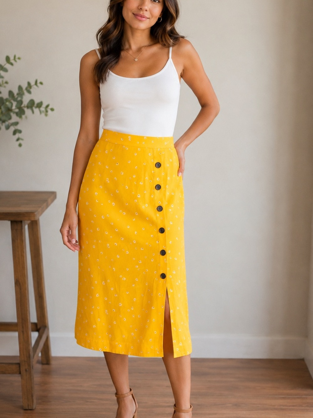 BP. Yellow Floral Midi Skirt Button Front Size S